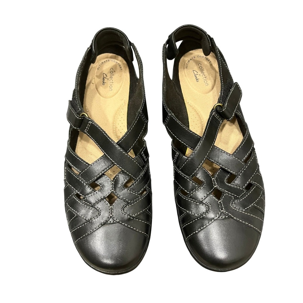 Clarks Fisherman Sandals Womens 8.5 Black Excellent Leather Wedge